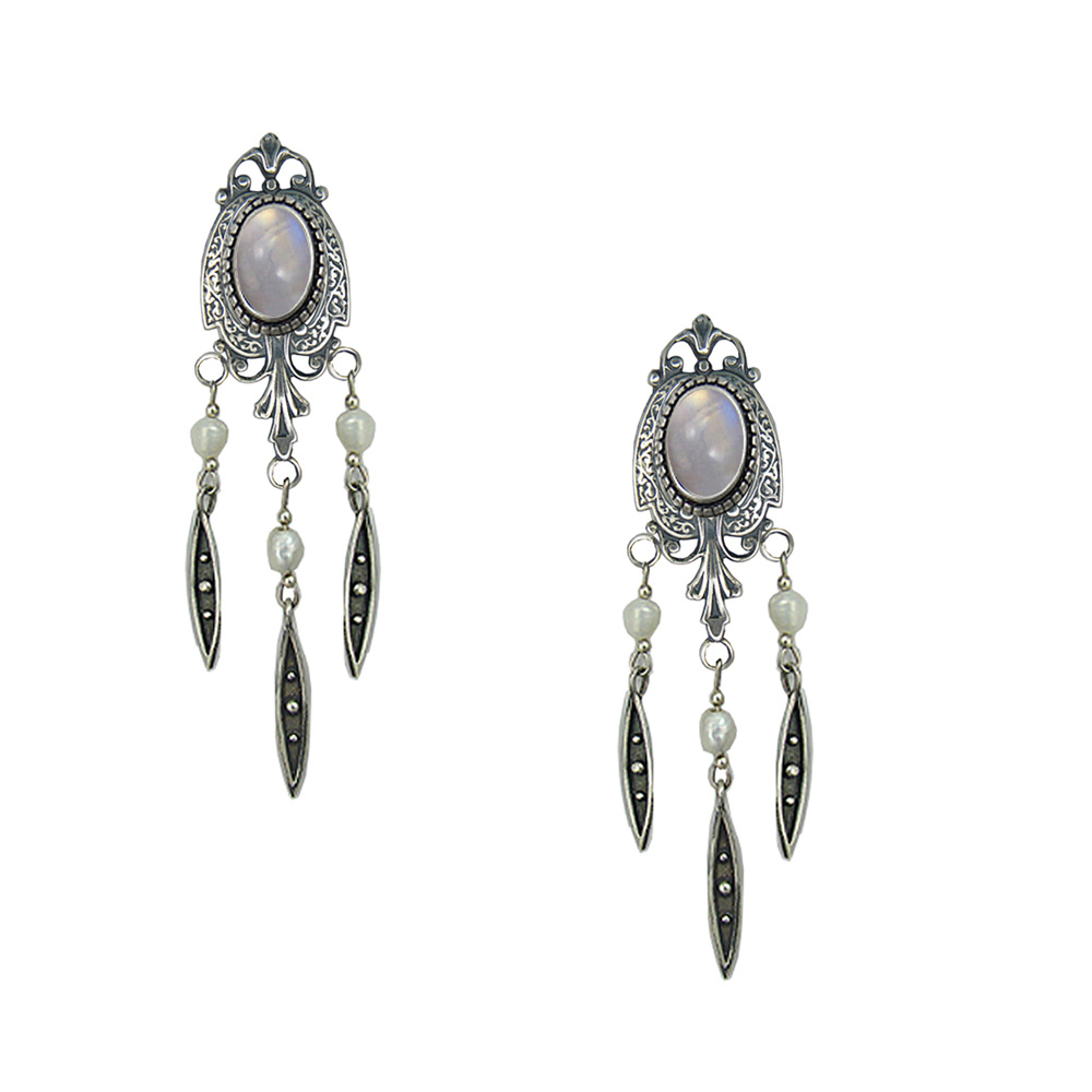 Sterling Silver Victorian Style Drop Dangle Earrings With Rainbow Moonstone